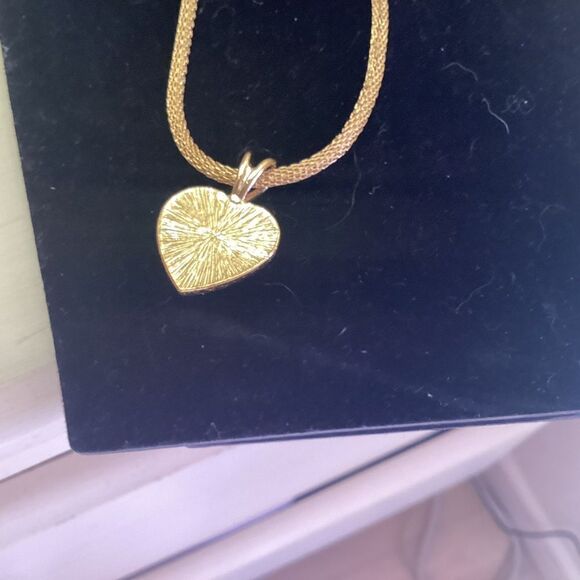 NWT. Goldtone Shiny Mesh Necklace with Faux Pearl Heart Pendant - Picture 4 of 6